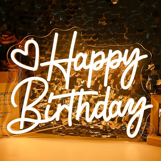 SYLHOME Happy Birthday Led Neon Light Sign Heart Birthday Party Bedroom Wall Sign Decor Banner Birthday Backdrop Light Up Sign 15.75" X 11.81" USB Dimmer Warm White 5V