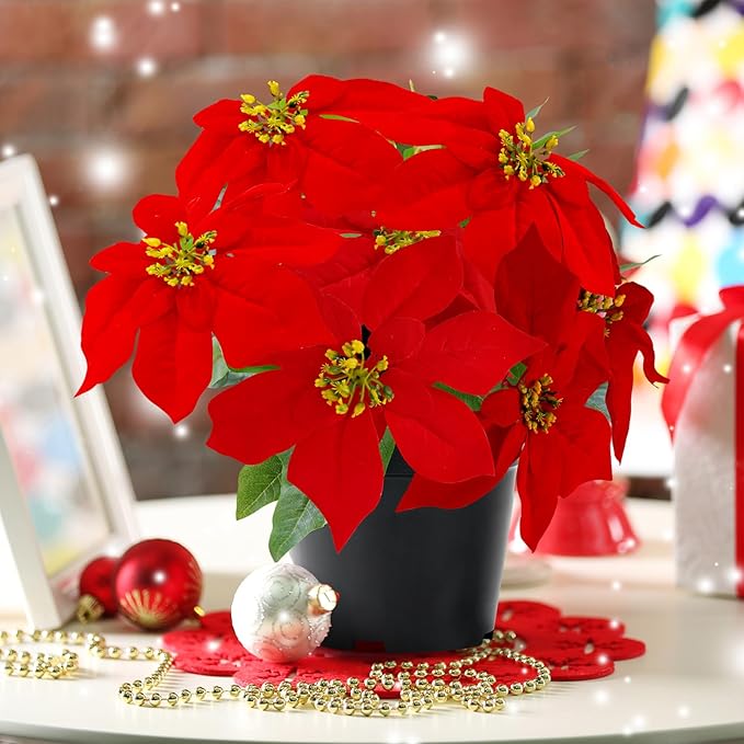 Poinsettia Flowers Artificial Red 14Inch Faux Christmas Poinsettia Plant Winter Flowers for Indoor Outdoor Xmas Ornament Porch Home Garden Decorations