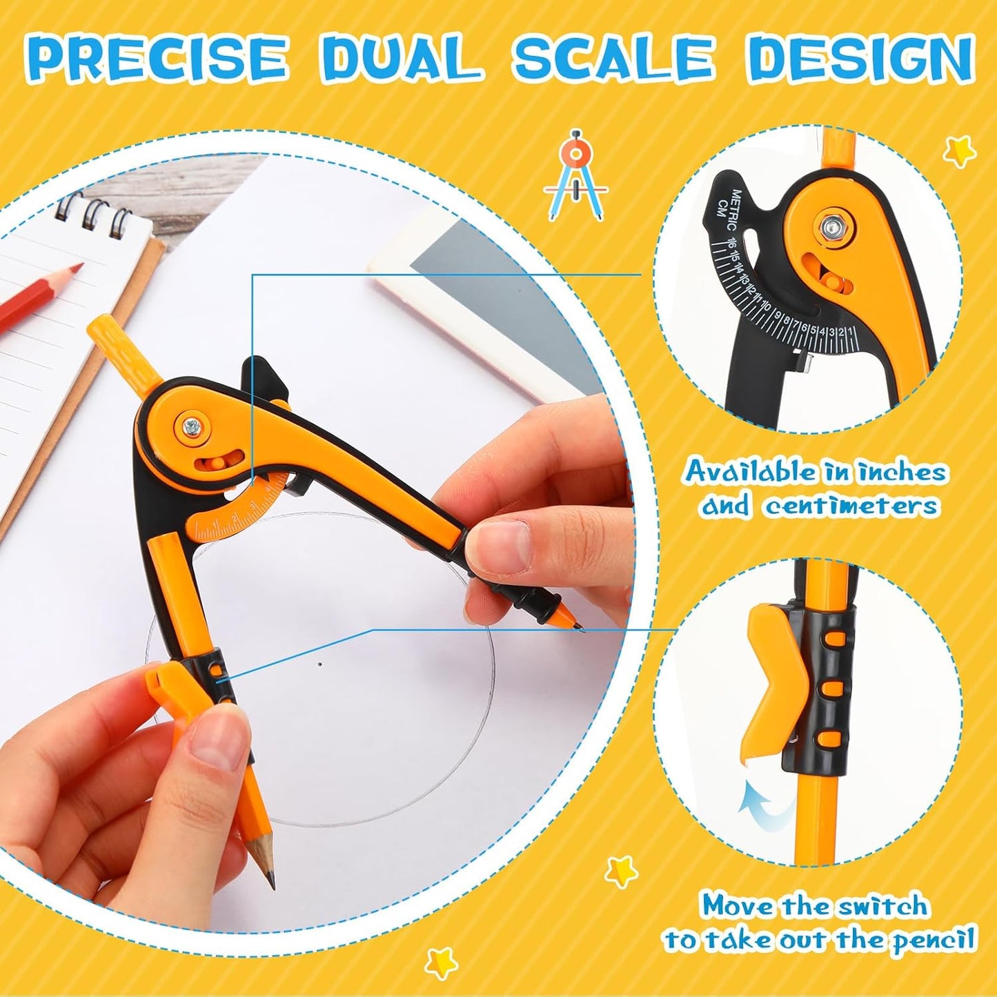 Zonon Geometry Compass Set - 6 Inch Plastic Drawing Tool with Pencils | Bright Colors for School (12 Pcs)