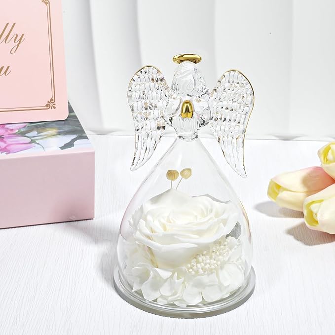 Yamonic Birthday Gifts for Women, Angel Figurines with Real Rose Gifts for Her Mom Grandma,Preserved Flowers Rose Angel Figurines for Mothers Day Christmas Anniversary Birthday Gifts for Her (White)