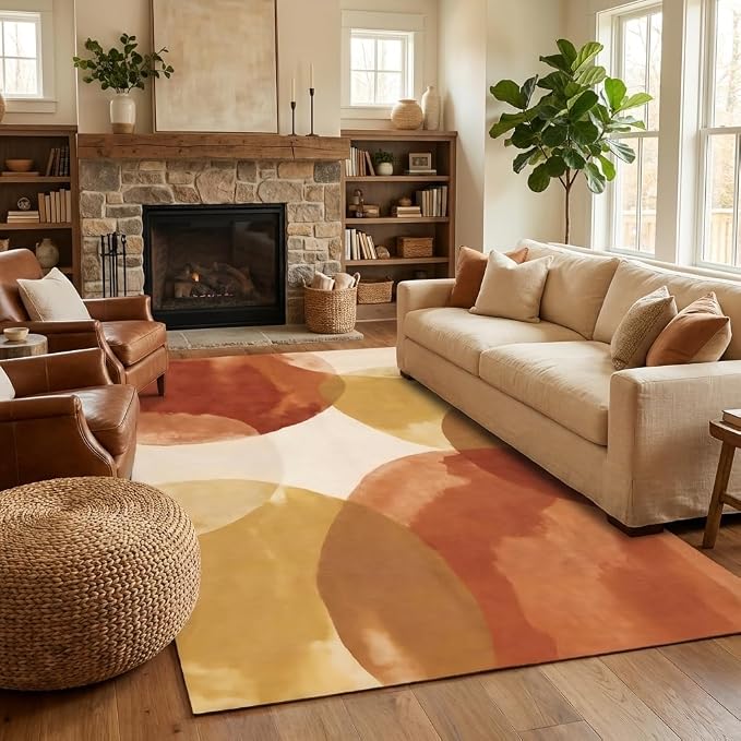 GraceSway 8x10 Area Rug, Modern Abstract Watercolor Rug in Rust Orange and Mustard Yellow, Faux Cashmere Ultra Soft Short Pile, Machine Washable, Non-Slip, for Living Room, Bedroom