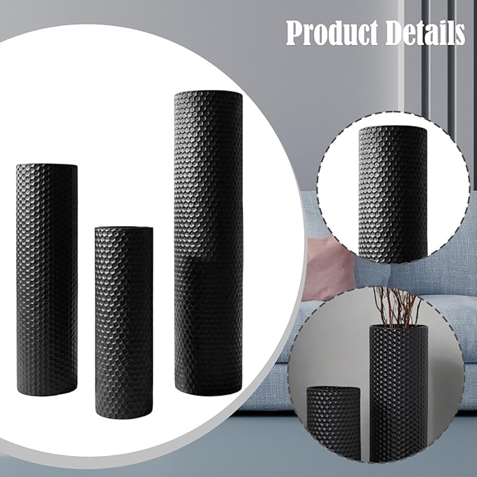 Fenteer 3X Floor Vases Set Floor Standing Ornament Creative Modern Metal Decorative Cylinder Vase Flower Container for