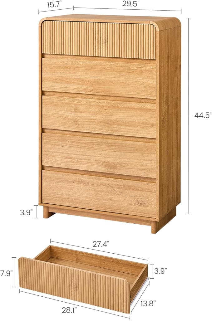 AOGLLATI Mid Century Modern 5 Drawer Dresser for Bedroom, 45" Tall Wood Fluted Dressers & Chests of Drawers with Curved Profile Design for Bedroom, Wood
