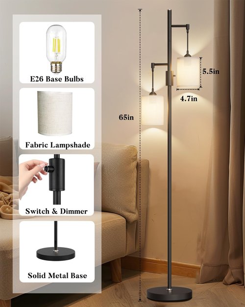 Lightdot 65-Inch Black Floor Lamp - Industrial 2-Light Design with Linen Shade for Living Room & Bedroom Decor