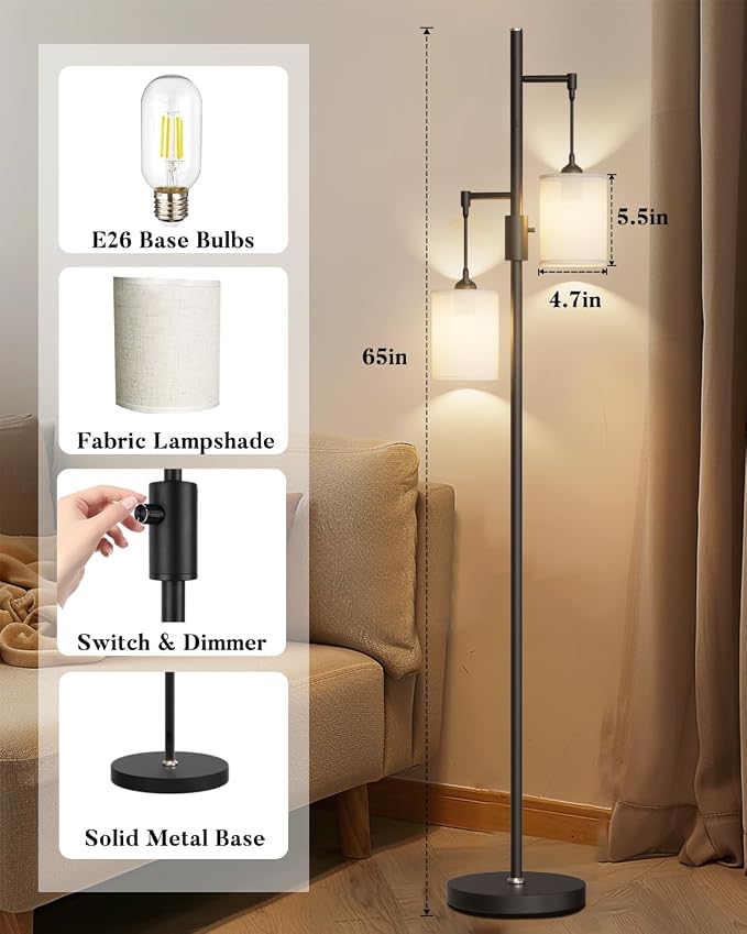 Lightdot 65IN Black Floor Lamp for Living Room, Industrial 2-Light Tree Floor Lamps with Linen Shade, Modern Standing Tall Lamp with 5Lbs Heavy Base for Bedroom/Sofa Beside/Corner Decor(Bulb Included)