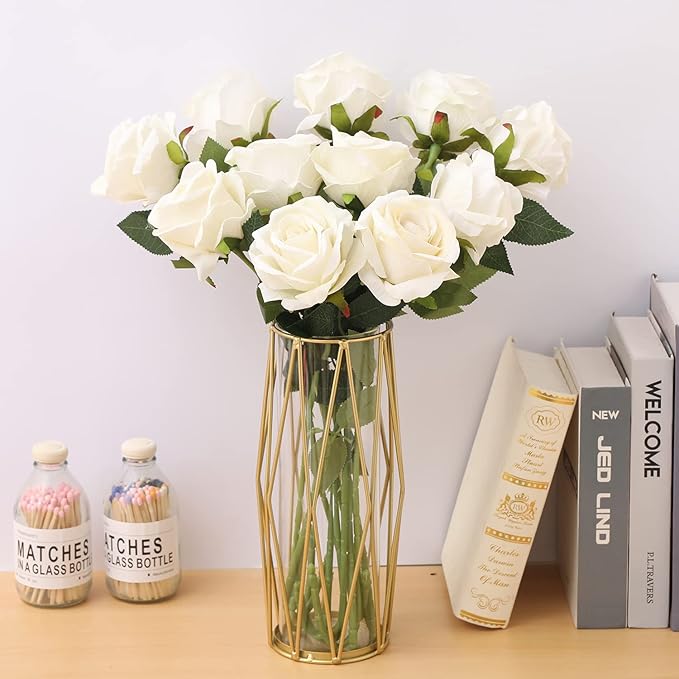 Cloudecor 15Pcs White Roses Artificial Flowers Fake Roses Long Stem Velet Rose Silk Flowers for Home Wedding Decoration (Round Roses,Cream White)