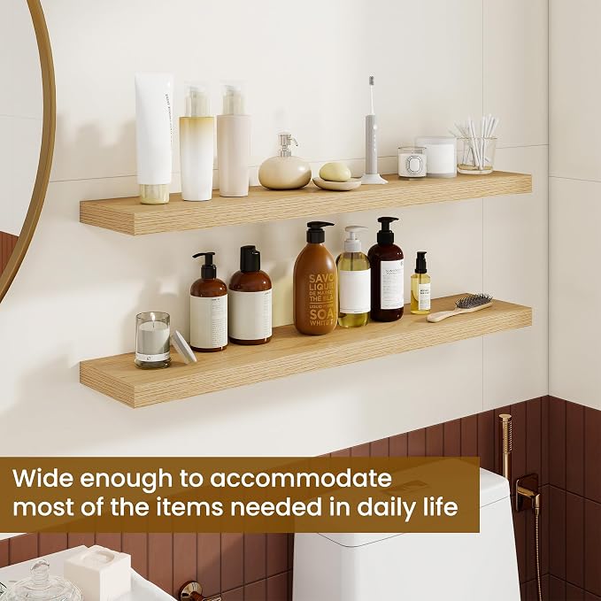 Dreamland 36Inch Floating Shelves for Wall, Rustic Wooden Floating Shelves for Bathroom|Bedroom|Kitchen, 2 Pack Deep Wall Mounted Book Shelf, Wood Storage Display Shelf for Home Decor, Oak