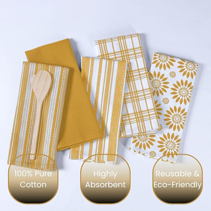 Assorted Kitchen Towels - Mustard Yellow Towels, Set of 5, 16x26 in - Absorbent 100% Cotton Dish Towels with Hanging Loop - Waffle Weave Tea Towels for Drying Dishes, Glassware & Counters