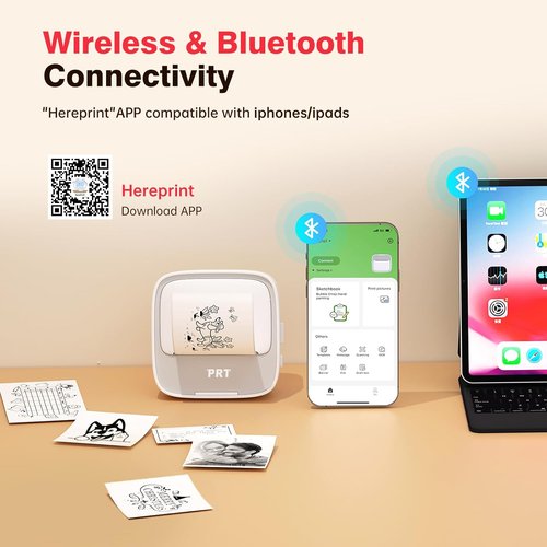 PRT Mini Thermal Sticker Printer - Bluetooth Portable Maker with 1 Roll Paper for DIY Labels & Notes