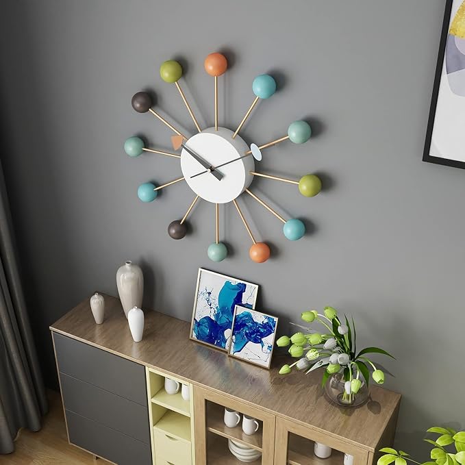 SHISEDECO Mid Century Quartz Wall Ball Clock Multicolor Large Size, Decorative Modern Silent Creative Fashion Hanging Decoration for Home, Kitchen, Living Room, Office, Bedroom etc.