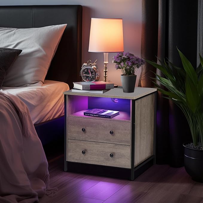 27 Inch Wide Night Stand, Large Wood Night Stand with 2 Drawers, LED Nightstand with Charging Station and Adjustable Drawer, Bedside Table for Living Room/Bedroom/Study/Office, Gray.