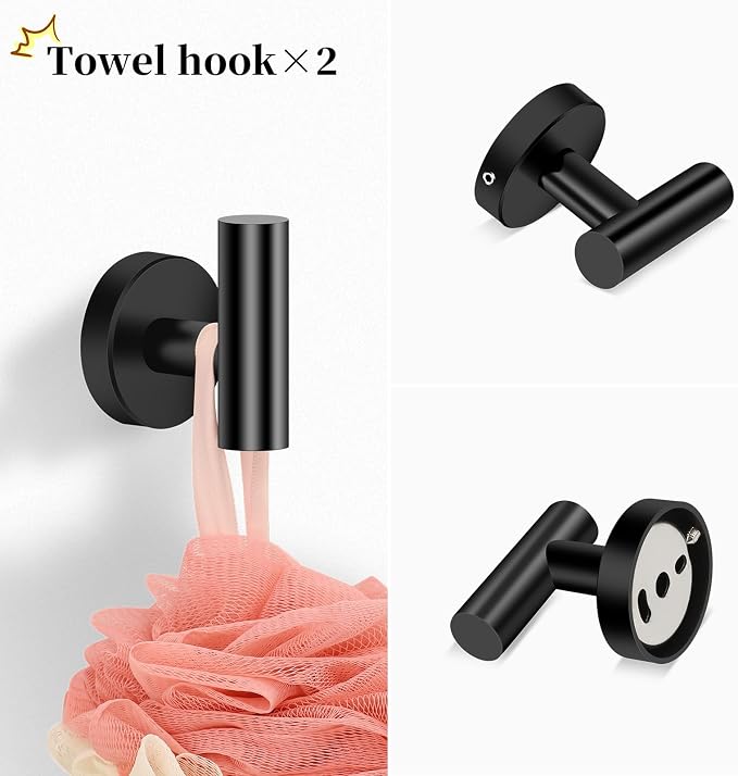 Matte Black Bathroom Hardware Set, Modern 24-Inch Towel Bar Set Wall Mounted, Towel Rack Set Black,Stainless Steel Bathroom Accessories Set Black,5-Pieces