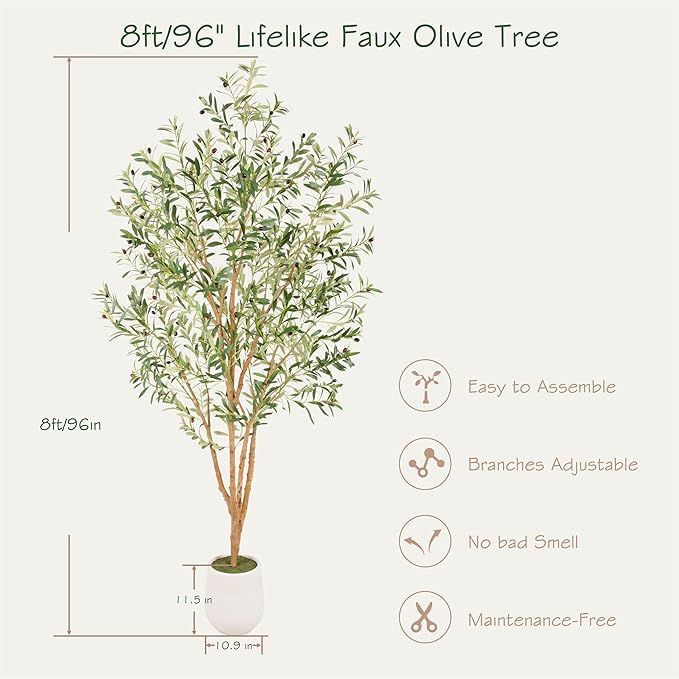Bellacat 8ft Super Fuller Faux Olive Tree with White Decorative Planter & Multiple Real Wood Trunks, 96in Olive Trees Artificial Indoor with Realistic Fruit, Fake Olive Tree for Indoor & Outdoor Décor
