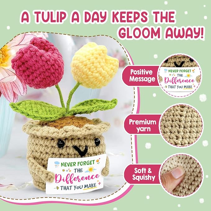 Appreciation Gifts for Coworkers 2025, Positive Crochet Tulips Plants, Inspirational Mentors Nurses Boss Teacher Thank You Gift, Never Forget The Difference You Make Birthday Gifts for Women Men