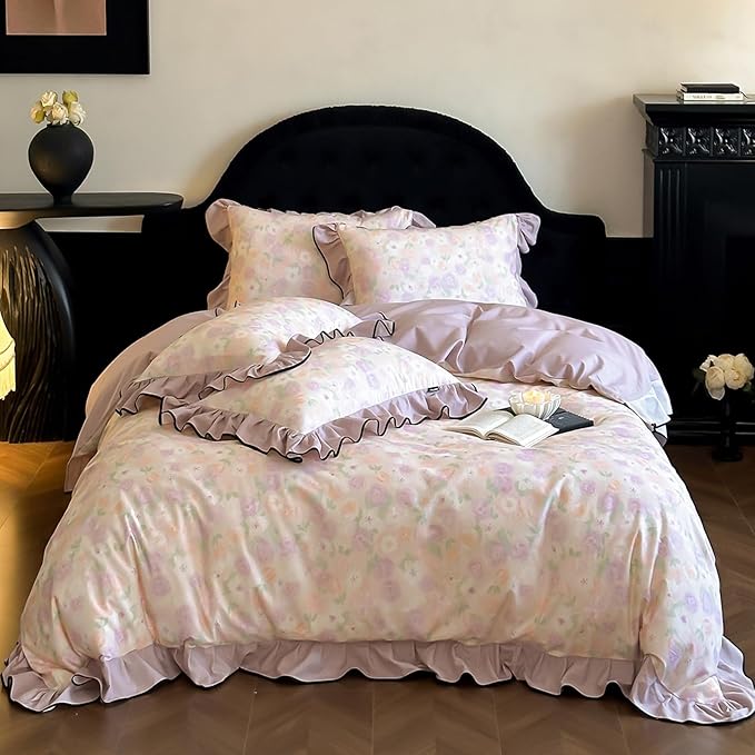 HighBuy Purple Floral Ruffle Duvet Cover Set King Brushed Cotton Durable with Ruffle Edge,Boho Chic Cottagecore Floral Bedding Comforter Cover Set - (1 Duvet Cover with 2 Pillow Shams)