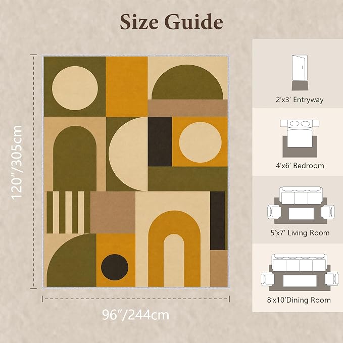 Olive Bauhaus Area Rug 8x10, Mid Century Modern Geometric Rug, Mustard Green Abstract Color Block Washable Low Pile Non Slip Rug for Living Room Bedroom