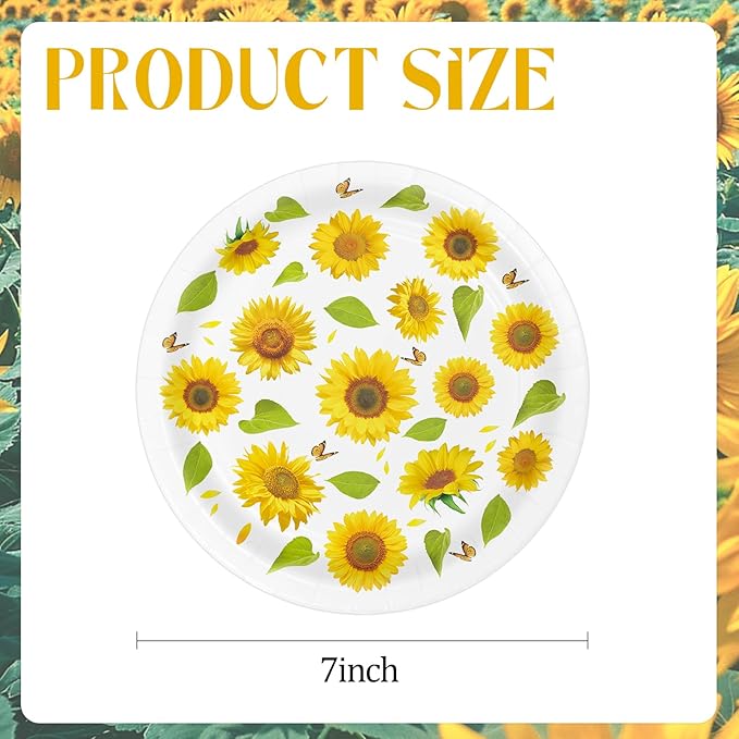50PCS Sunflower Party Paper Plates 7 Inch, Disposable Floral Birthday Cake Dessert Plates for Picnic Birthday Bridal Shower Fall Party Decorations (Sunflower)