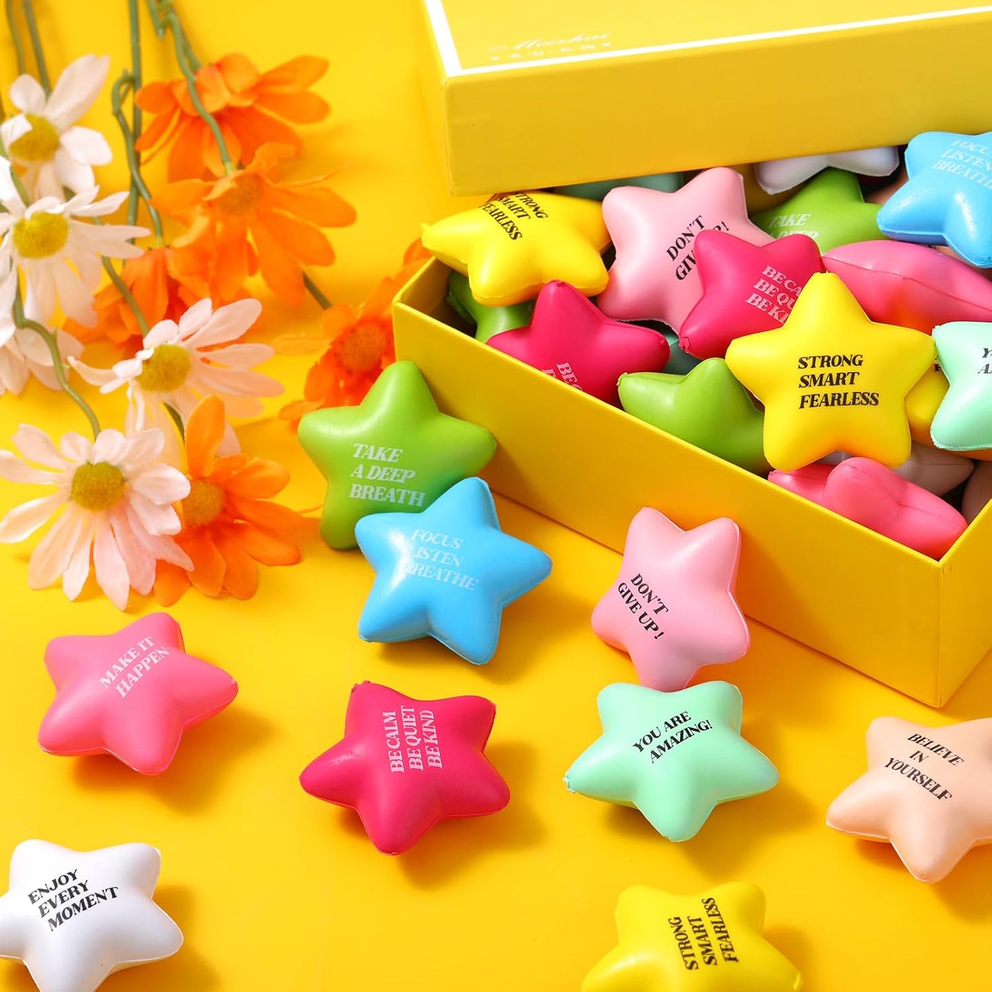 Sotiff Star Stress Balls - 100 Pack Mini Foam Squeeze Toys for Stress Relief | Fresh Colors & Motivational Quotes