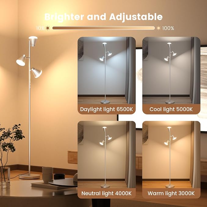 SIBRILLE 36W LED Tree Floor Lamp, Dimmable Tall Standing Lamp with Remote & Touch Control, 4 Color Temperatures Bright Floor Lamp, 3 Rotatable Light Modern Floor Lamps for Living Room Bedroom Office
