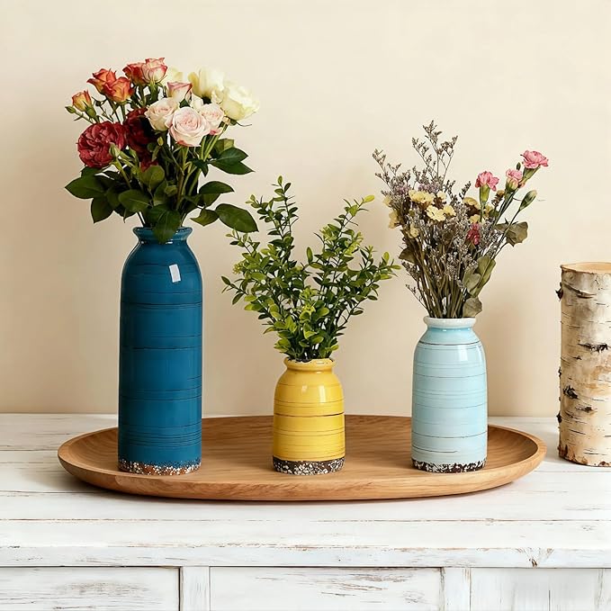 Ceramic Vase Set of 3 – Handcrafted Modern Farmhouse Decorative Vases for Boho Living Room Centerpieces, Entryway Decorations, Coffee Table, Bookshelf, Fireplace Mantel