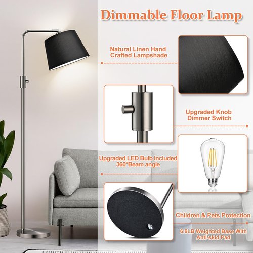 Nintiue Dimmable Floor Lamp - 1000 Lumens LED Edison Bulb Included | Modern Brushed Nickel Arc Design