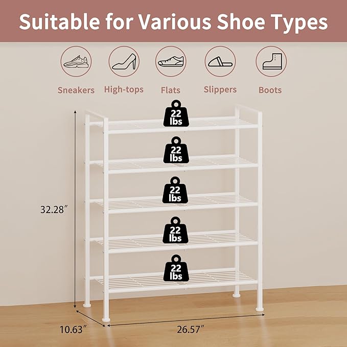 DongRong 5 Tier Shoe Rack,Metal Shoe Storage Organizer Shelf for Closet,Entryway, Garage,Narrow Space(White, 5 Tier)