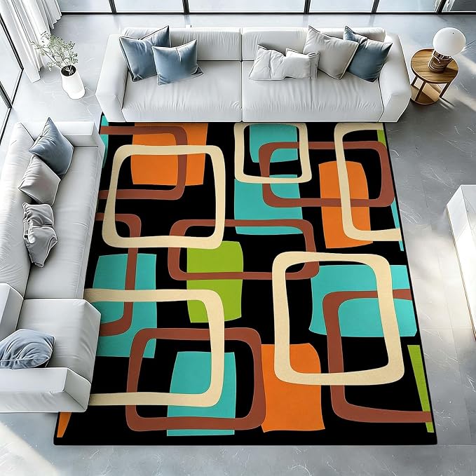 Mid Century Modern Rug, Colorful Abstract Geometric Area Rug, Retro Atomic Starburst Rugs, Washable Non-Slip Soft Low Pile 1950s Carpet for Living Room, Bedroom (4' x 6'(Rectangular))
