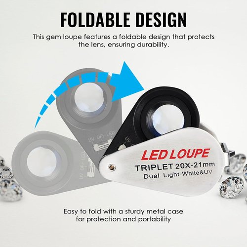 Skiennix 20x Foldable Pocket Magnifier - Illuminated Loupe with UV & LED Light for Jewelry, Coins & Antiques