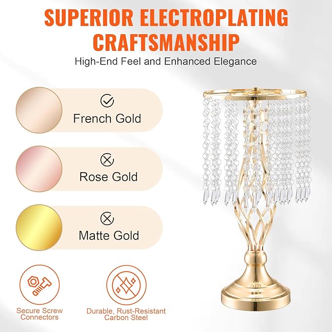 VEVOR 20PCS 43cm/16.9” Tall Crystal Wedding Flower Stand, Metal Wedding Centerpiece Vase, Gold Flower Holders Floral Display Rack for Tables Wedding Dinner Party, Ceremony Birthday Event Decor