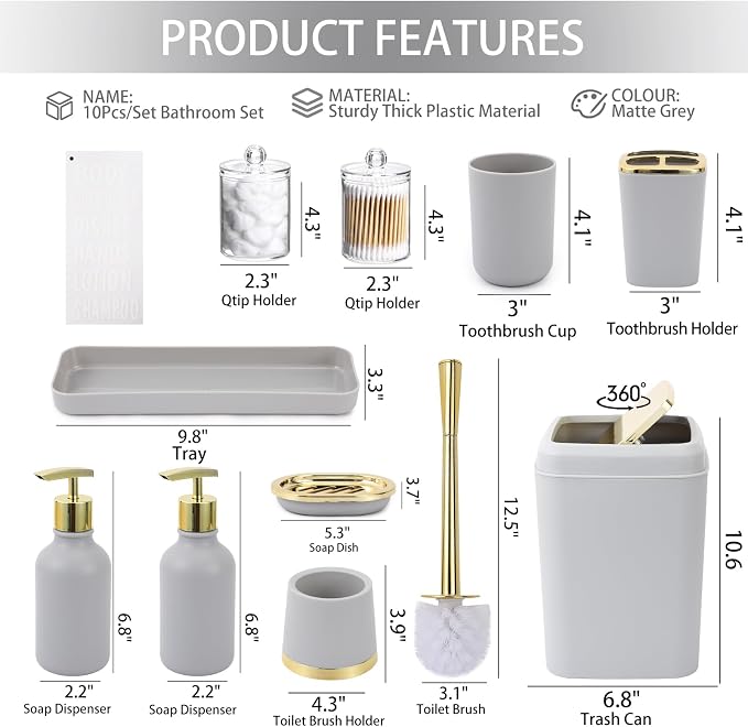 XLHOMO Grey and Gold Bathroom Accessories Set - 10 Piece Bathroom Sets with Trash Can and Toilet Brush, Soap Dispenser, Toothbrush Holder and Cup, Soap Dish, Qtip Holder, for Housewarming Present