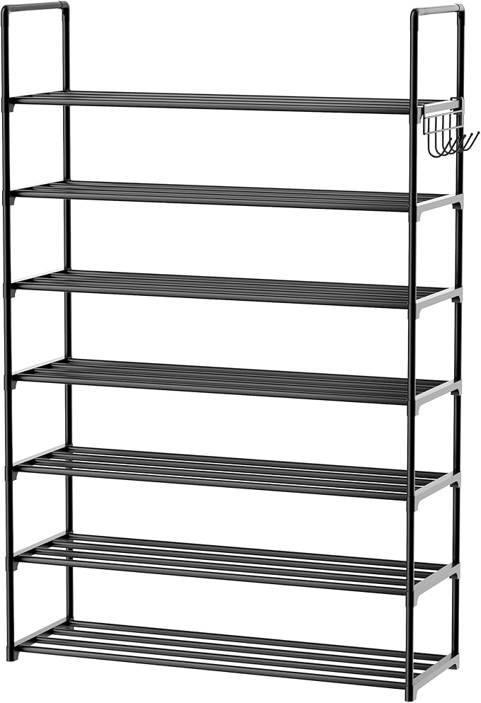 HOMICKER Metal Shoe Organizer,7 Tiers Shoe Storage Shoe Rack with Hooks,Fit 24-30 Pairs,Adjustable Shoe Shelf for Entryway,Hallway,Bedroom,Metal Bottom Support