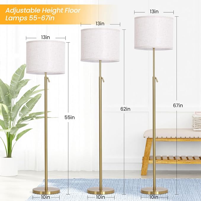 Modern Floor Lamp for Living Room and Bedroom- 55"-67" Height Adjustable Standing Lamps with Dimmable LED Bulb and Remote Control-Bright Tall Stand Light with Shade for Corner Lighting （Gold）