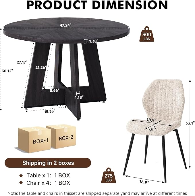 47" Round Dining Table Set for 4 with Chairs Kitchen Table and Chairs Set Mid-Century Modern Chair with Metal Leg for Apartment Living Room(Dark Gray Table with 4 Beige Chairs)