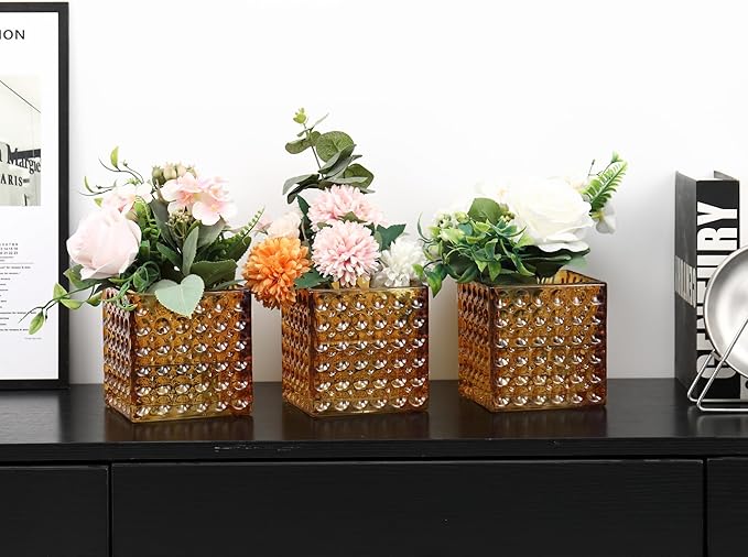 MARTAGE Square Vases Set of 6, 4" x 4" x 4" Square Glass Vases for Flowers, Amber Flower Vase for Centerpieces, Small Bubble Vase for Wedding, Party, Home, Office, Parties, Events