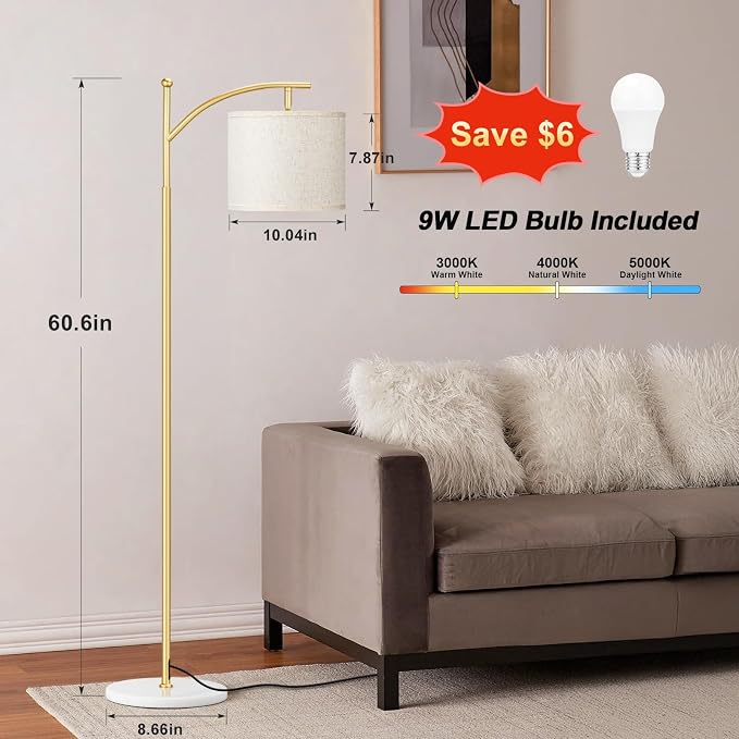 Ambimall 60" Floor Lamp for Living Room with 3 Color Temperatures, Gold Standing Lamp with White Marble Base, Modern Tall Lamp for Bedroom Office, 9W LED Bulb Included