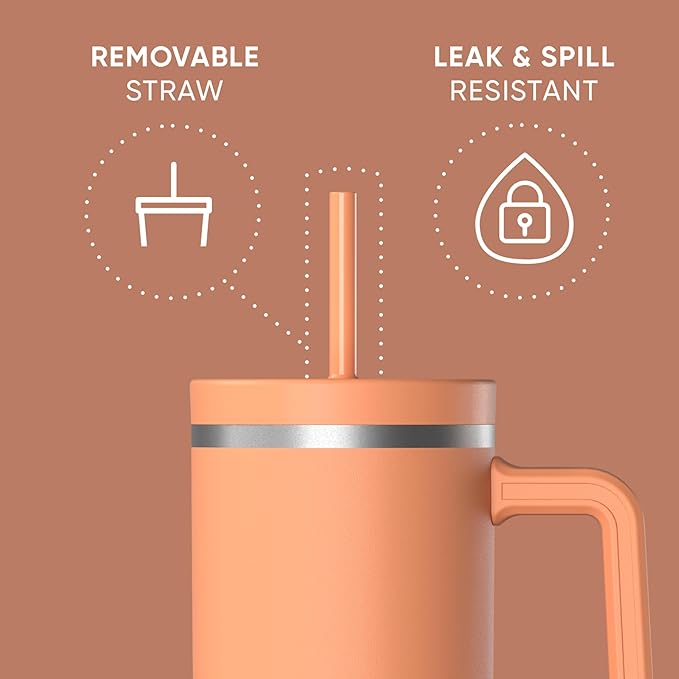 Hydrapeak Voyager 40 Oz Stainless Steel Tumbler with Handle, Insulated Water Bottle With Straw & Lid, Cupholder Friendly Reusable Travel Mug (Apricot Crush)