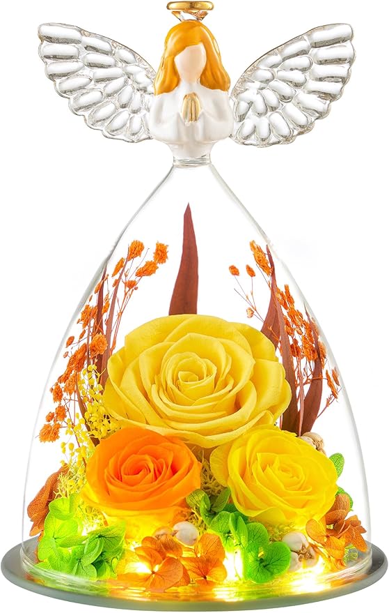 Gifts for Women Forever Flowers Preserved Rose in Glass Angel Figurine Real Colorful Roses Birthday Gifts for Her Grandma Sister Daughter Wife, Yellow