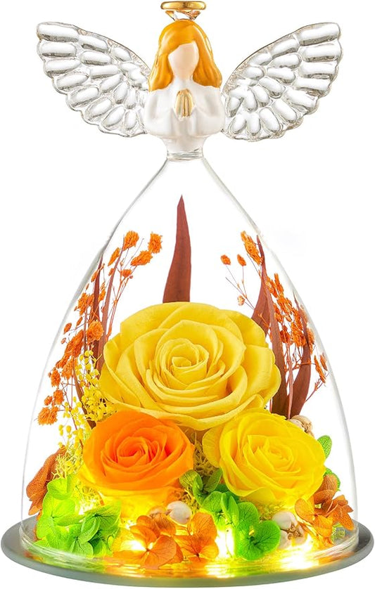 Gifts for Women Forever Flowers Preserved Rose in Glass Angel Figurine Real Colorful Roses Birthday Gifts for Her Grandma Sister Daughter Wife, Yellow
