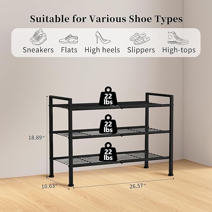 DongRong 3 Tier Shoe Rack for Closet,Adjustable Metal Shoe Storage Organizer Utility Shelf for Entryway, Dorm Room,Bedroom,Heavy Duty Shelf (Black, 3 Tier)