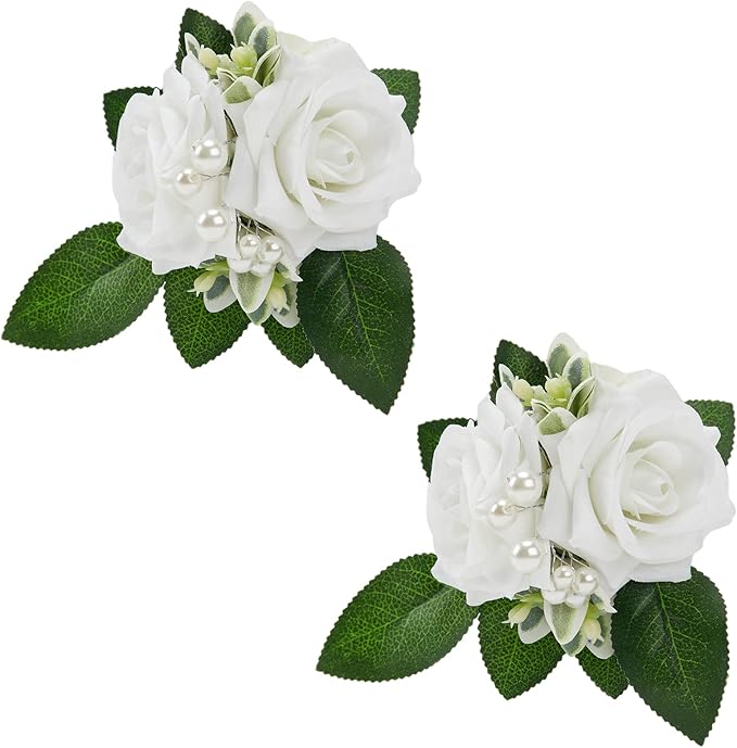 Meldel Boutonniere for Men Wedding Floral Shoulder Corsages, Set of 2,Groomsmen White Artificial Boutonnieres for Men Wedding Prom Best Man Corsage, Bride Bridal Bridesmaid Girl Prom Shoulder Flowers