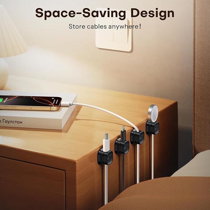 6Pack Cord Organizer, [1s Lock Dual Spring] Adhesive Cable Clips - OMOTON Cable Holder Wire Clips, Under Desk Cable Management, Phone Charger Cord Holder for Nightstand, Office Accessories