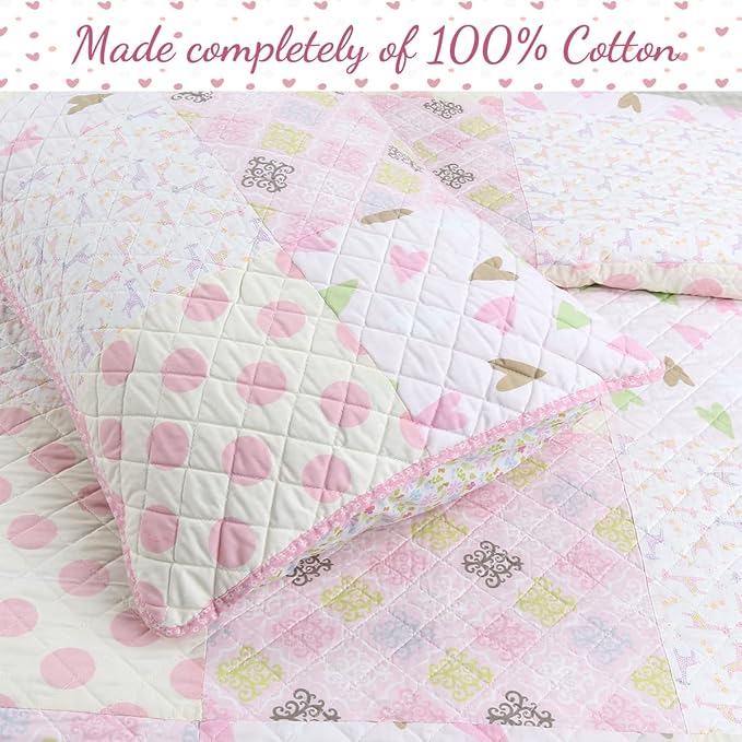 Cozy Line Home Fashions Pink Blue Green Heart Polka Dots Girl 100% Cotton Reversible Quilt Bedding Set, All-Season Coverlet, Bedspreads (Helaine Patchwork, Twin-2 Piece)