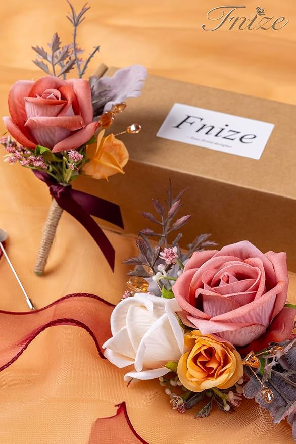 Fnize Orange Pink Corsage and Boutonniere Set, Artificial Rose Boutonniere and Wrist Corsage Flower for Bride Groom Bridesmaids Groomsmen Wedding Homecoming Prom Flowers