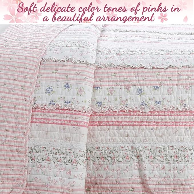 Cozy Line Home Fashions Pink Flower Lace Ruffle Stripe Shabby Chic Girl 100% Cotton Reversible Quilt Bedding Set, Coverlet, Bedspread (Pink Lace, Twin - 2 Piece: 1 Quilt + 1 Sham)