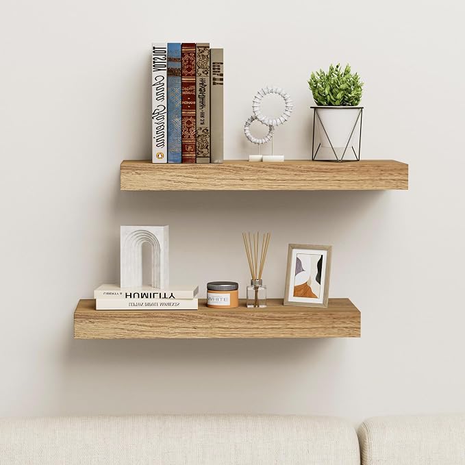 Oak Floating Shelves Wood for Wall 15.7in Wall Mounted Display Ledge Shelves Perfect for Bedroom, Bathroom, Living Room and Kitchen Decoration Storage (Set of 2)
