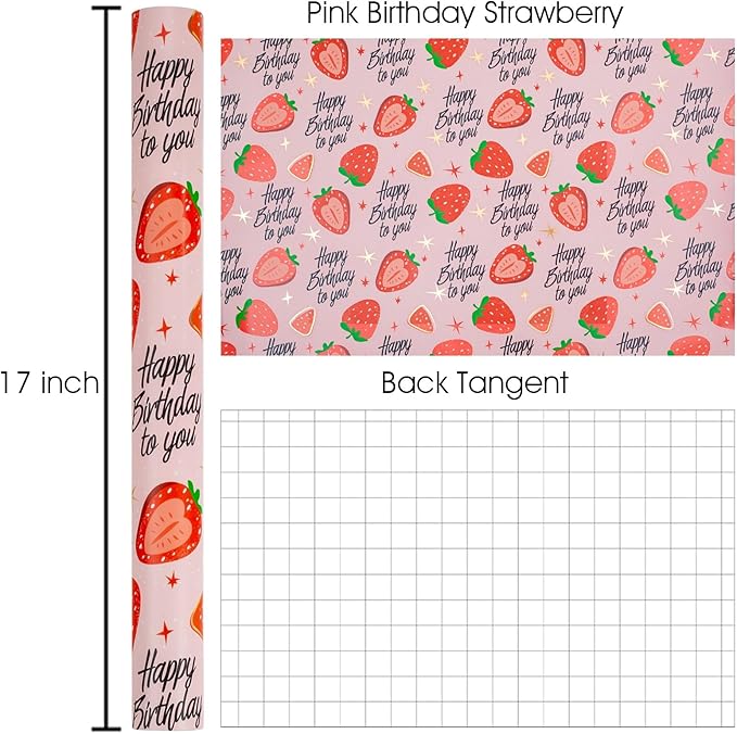 Burymento Pink Strawberry Birthday Wrapping Paper Roll, Gold Leaf Star Design Gift Wrap for Birthday, Valentines, Mothers day, Graduation, Wedding, Fathers day, Baby Shower, Christmas (17 IN x 32.8 FT)