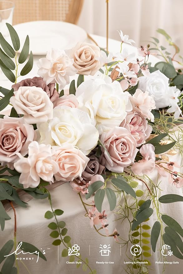 Ling's moment 9FT Spring Flower Garland for Backdrop Decorations - Wedding Arch Flowers, Eucalyptus & Rose, Artificial Floral Garland for Mantle - Sweetheart Table Decor for Reception, Dusty Rose