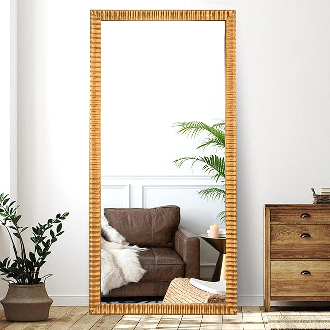Chende 26" x 54" Large Wall Mirror for Decor, Gold Decorative Mirror with Wave Carved Wood Frame, Decoration for Dining Room, Bedroom, Hallway, Wall Mounted Wood Mirror