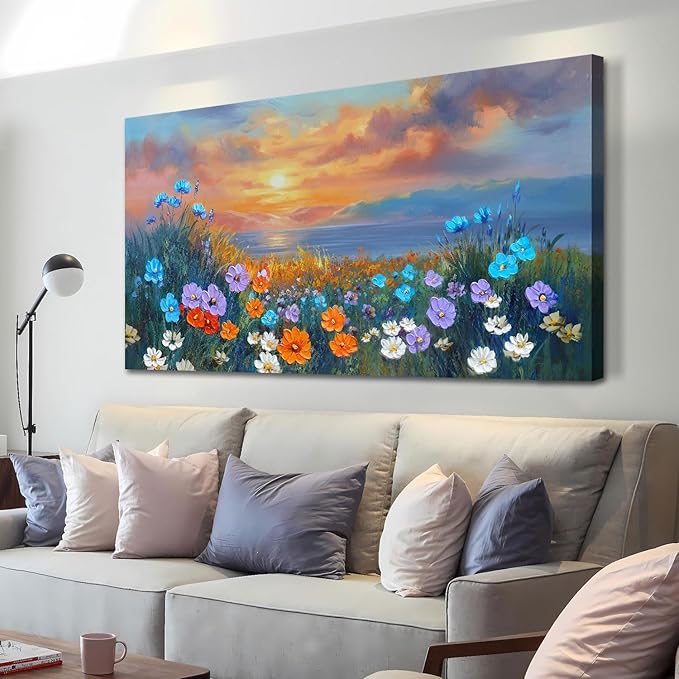 Ardemy Landscape Wall Art for Living Room Extra Large Wildflower Pictures Wall Decor Coastal Sunset Floral Canvas Textured Bedroom Flower Paintings Artwork Home Office, 48"x24"