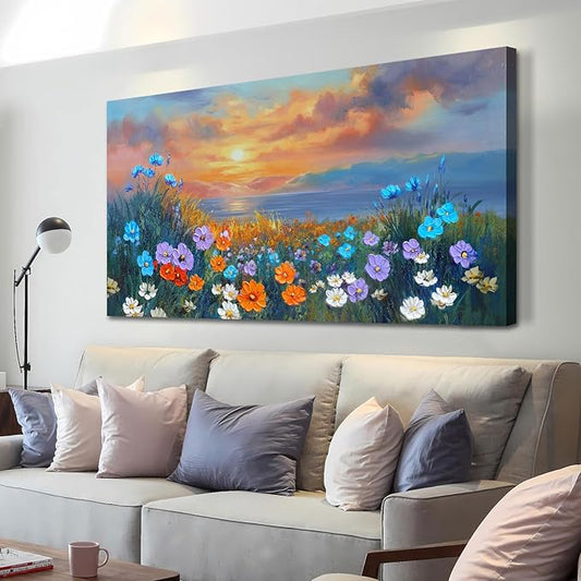 Ardemy Landscape Wall Art for Living Room Extra Large Wildflower Pictures Wall Decor Coastal Sunset Floral Canvas Textured Bedroom Flower Paintings Artwork Home Office, 40"x20"
